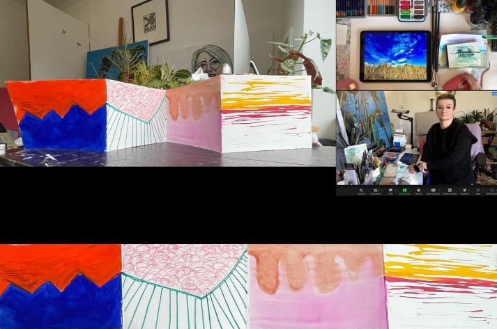 Screenshots from a Zoom call, artist Tanya Is pictured to the right along with a row of colourful artworks