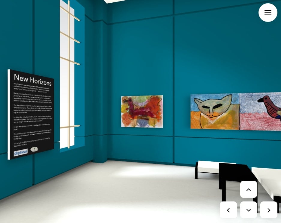 a screenshot from inside the New Horizons virtual exhibition, with two colourful paintings and an information board on the wall, two museum benches and a table are at the right of the image