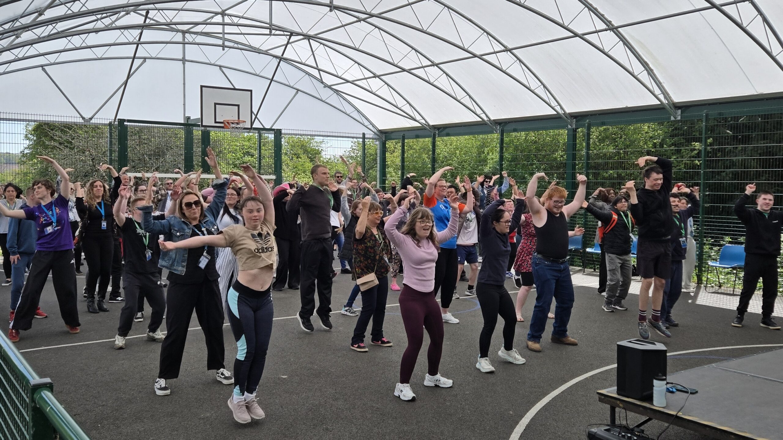Students and staff dancing outside during the danceathon