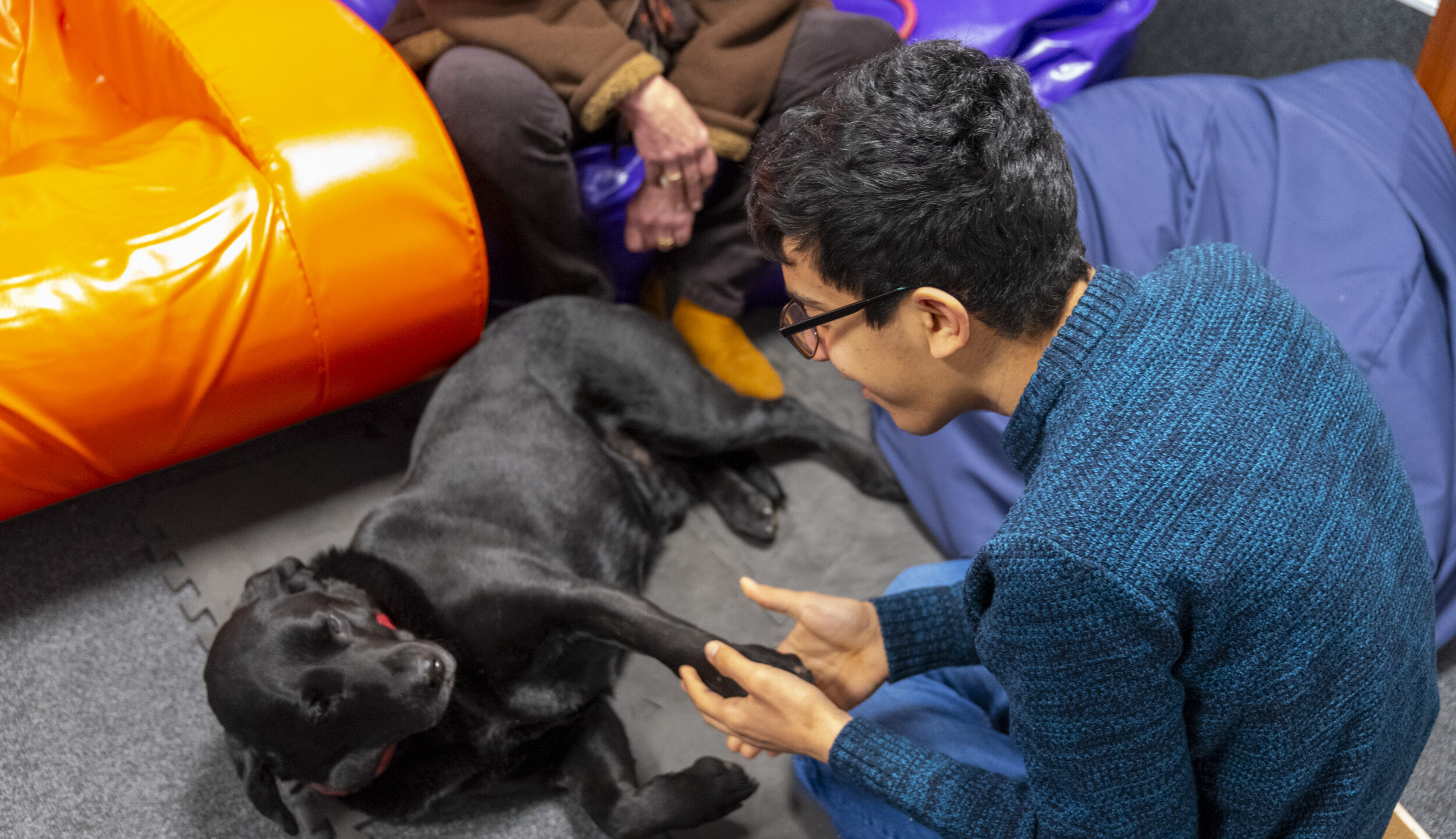 Student taking part in dog therapy