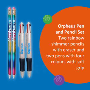 ID: 2 rainbow pencils and 2 four colour pens with the Orpheus Logo