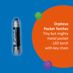 Orpheus pocket torch, tiny but mighty metal LED torch with Key chain and the Orpheus logo