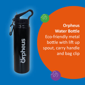 ID: Eco-friendly metal black water bottle with lift up spout, carry handle and bag clip with Orpheus Logo