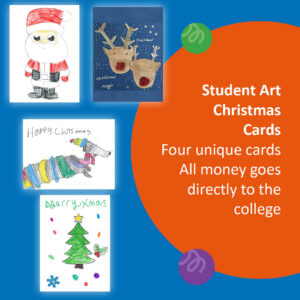 4 student designed Christmas Cards including santa, reindeer, a dog and a christmas tree